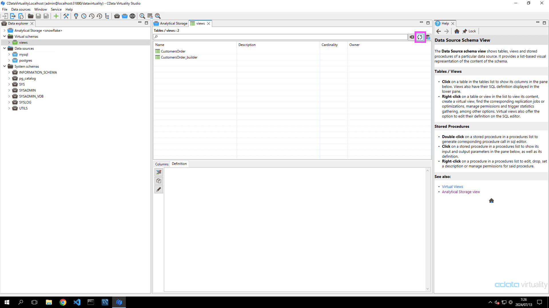 The refreshed view list shows both CustomersOrder and the newly created CustomersOrder_builder virtual views under the views schema.