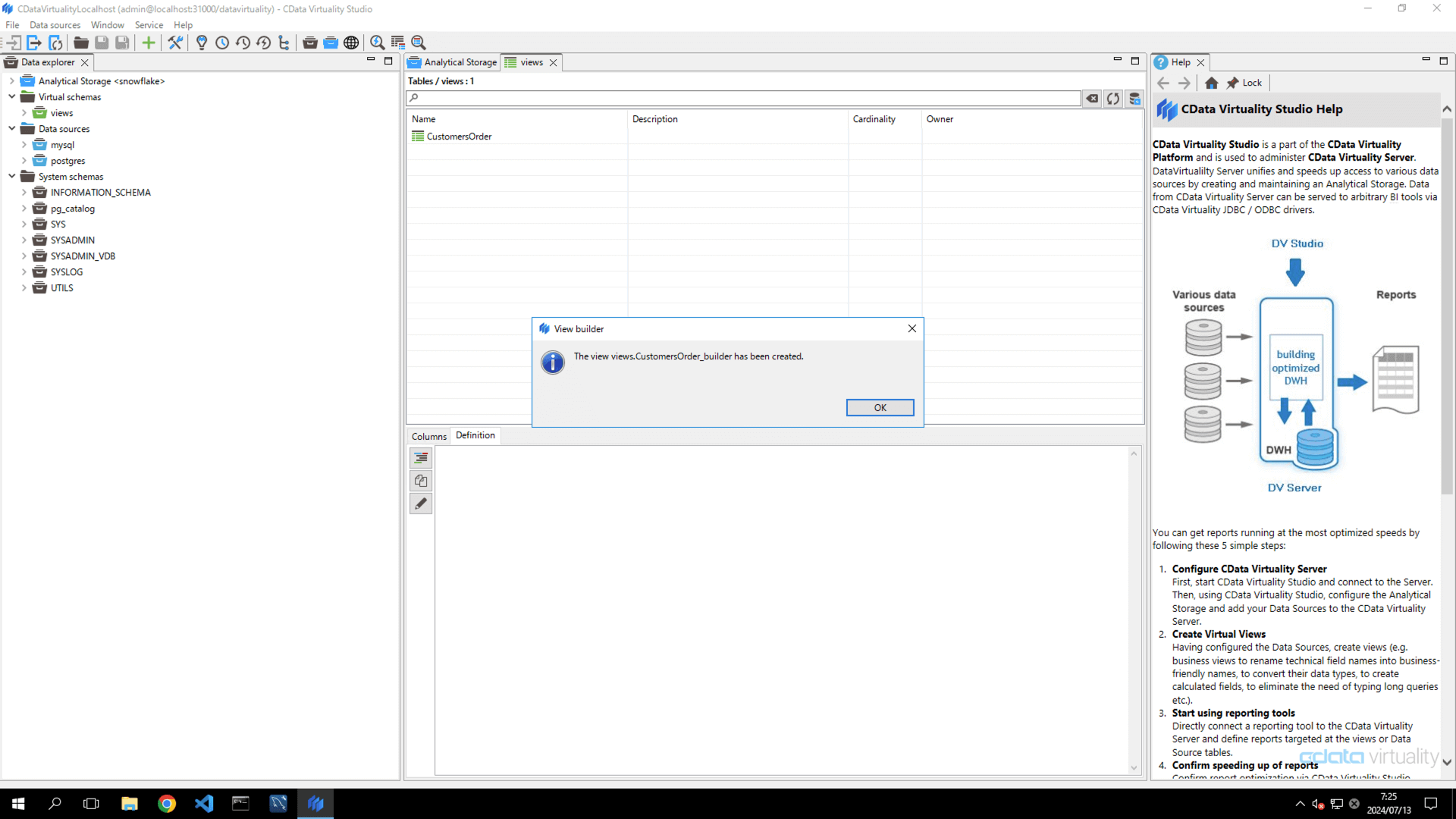 Confirmation dialog indicating that the virtual view CustomersOrder_builder has been created in the views schema.