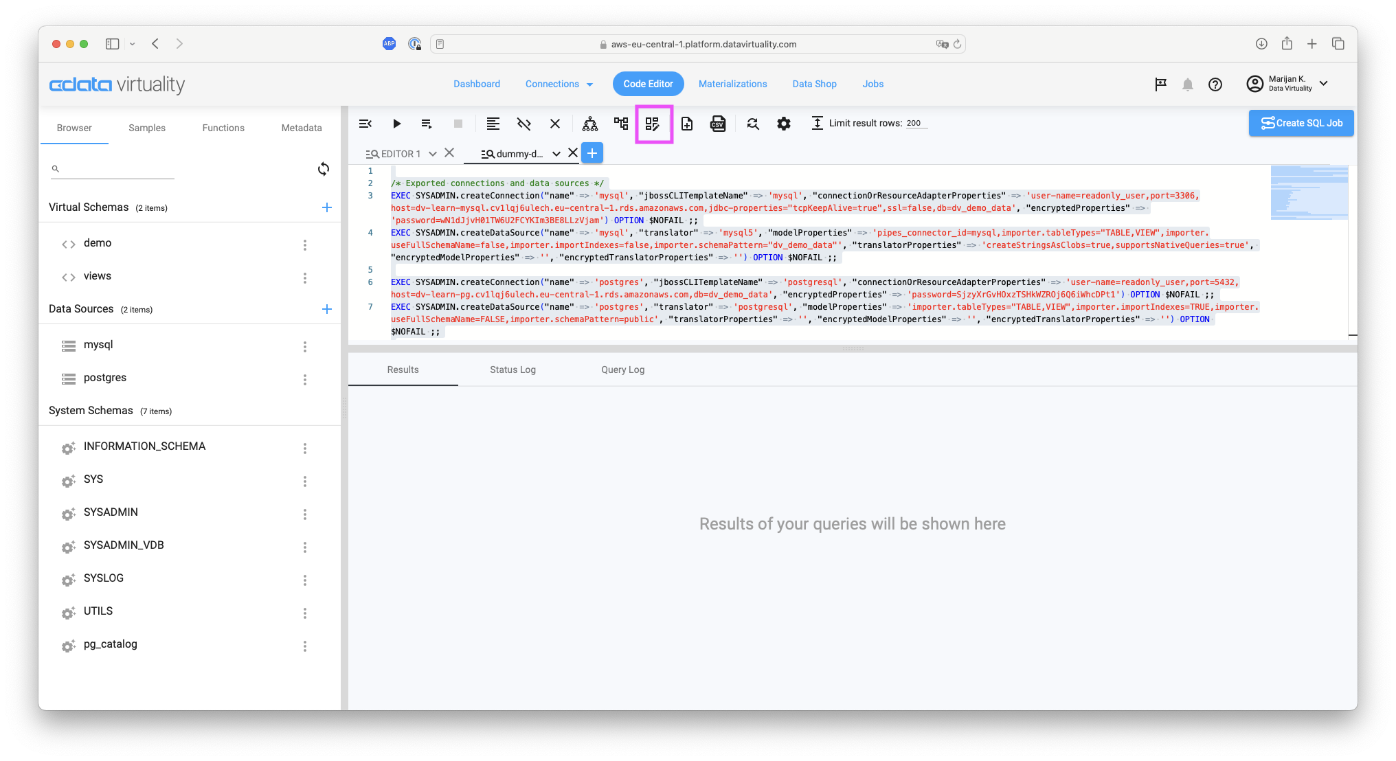 att_14_for_568787028.pngScreenshot showing a code editor with SQL statements for creating connections and data sources and a toolbar icon highlighted for creating a view