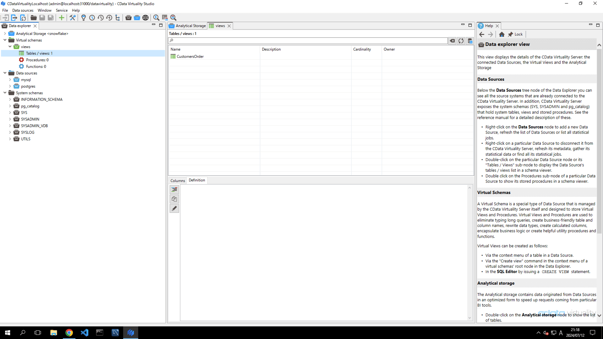 This screenshot shows the CustomersOrder virtual view listed under the views virtual schema in the Data Explorer, confirming that the view was successfully created and is available in CData Virtuality Studio.