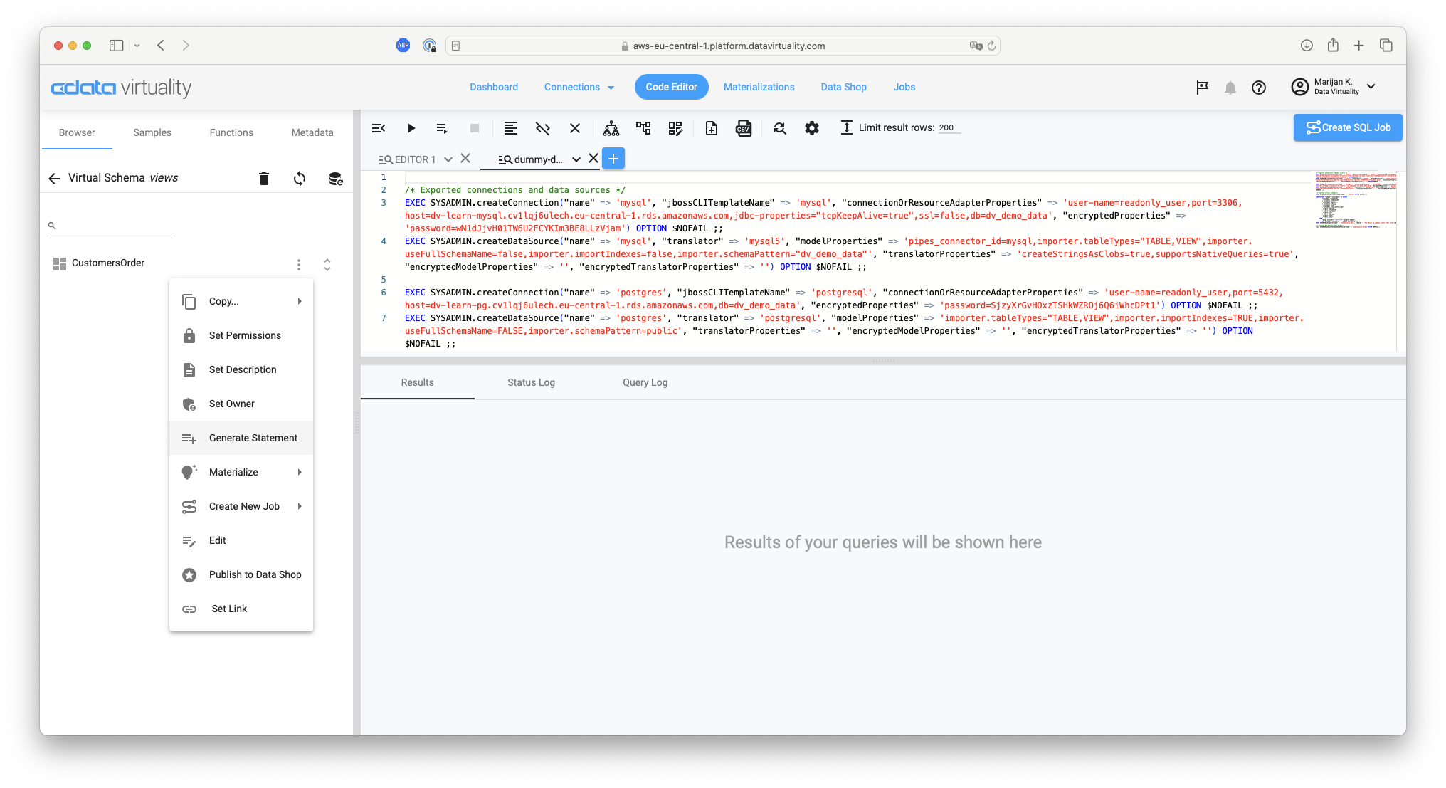 Screenshot showing the context menu for the CustomersOrder view with options such as Set Permissions, Set Description, Generate Statement, Materialize, and Create New Job