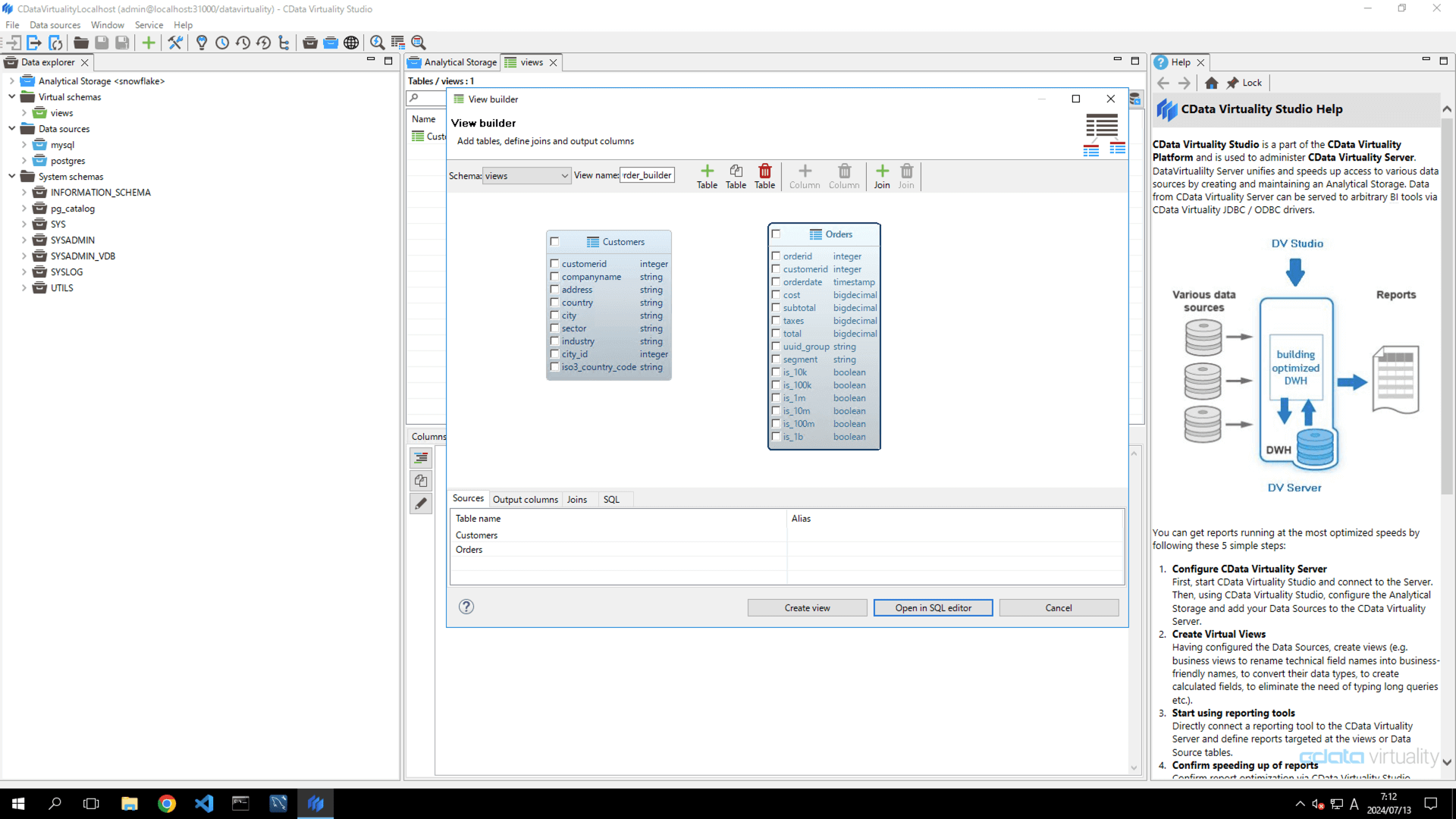 This screenshot shows the view builder with Customers and Orders tables added and ready for joining.