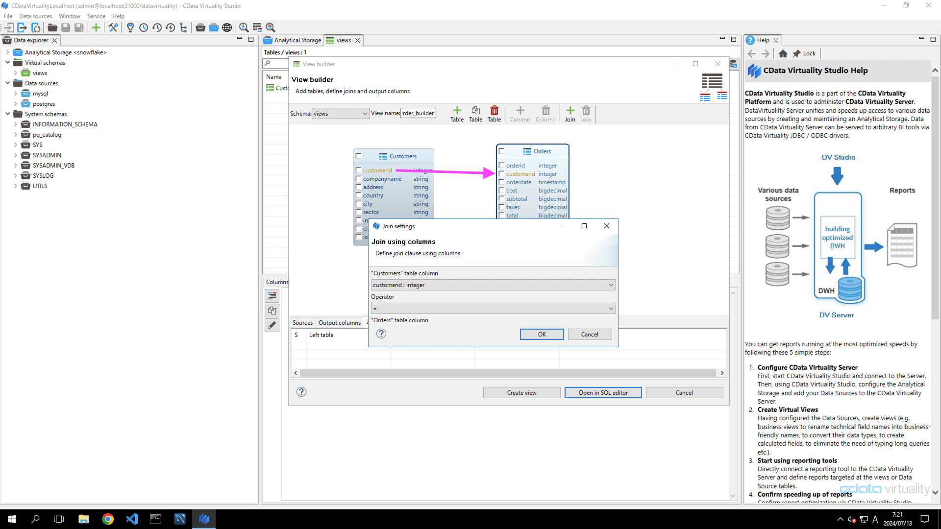 This screenshot shows configuring a join by linking the Customers and Orders tables using the customerid column.