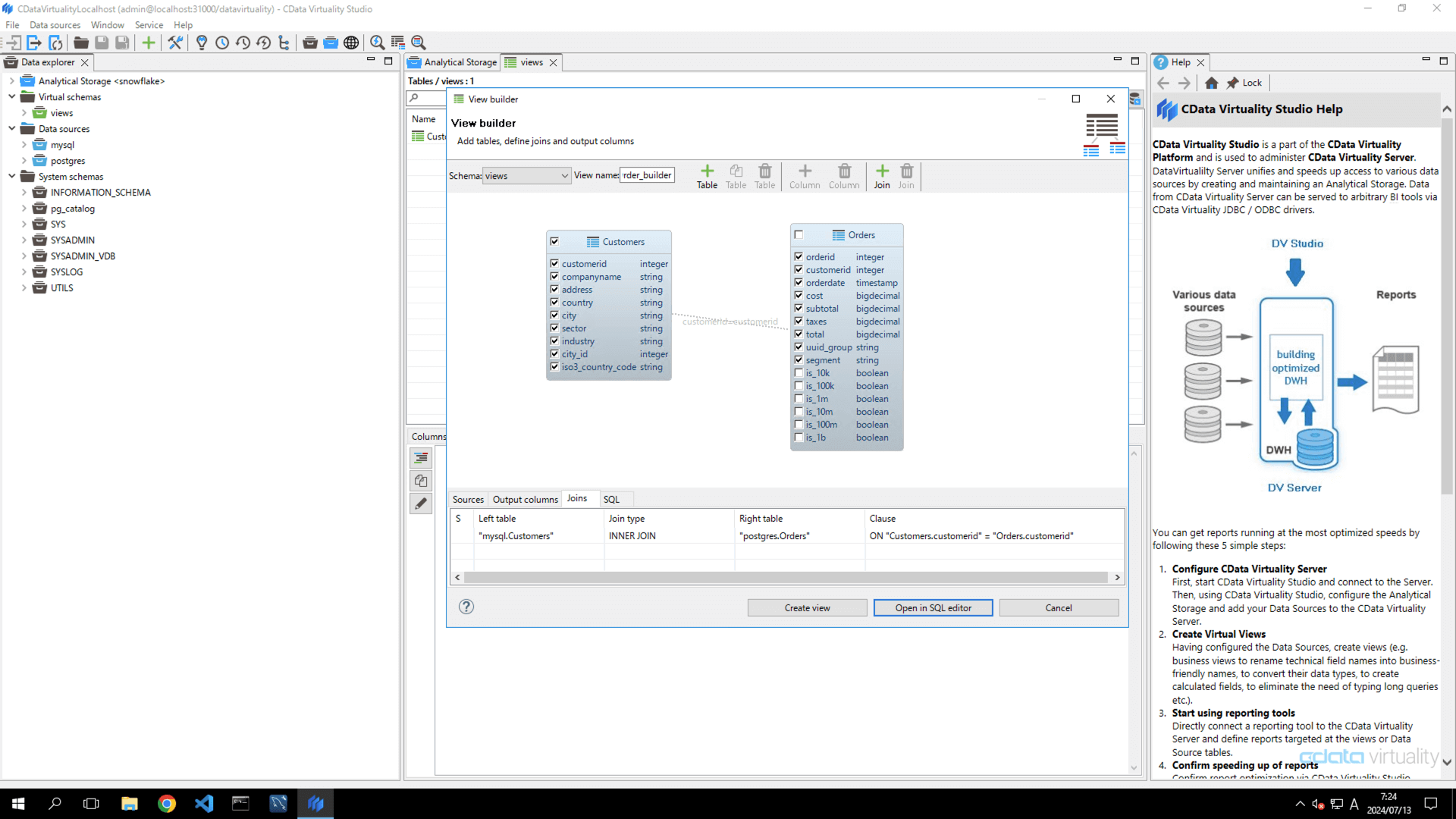 This screenshot shows the View Builder with specific columns selected from the Customers and Orders tables to define the view output.