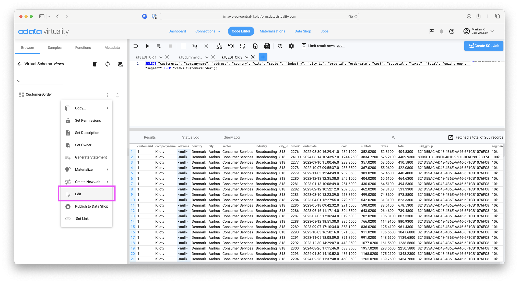 Context menu for the CustomersOrder view with the Edit option highlighted, showing available actions such as permissions, materialization, and job creation.