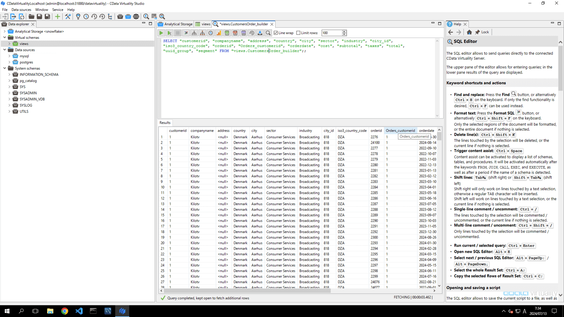 The SQL Editor in CData Virtuality Studio showing query results returned from the CustomersOrder_builder virtual view.