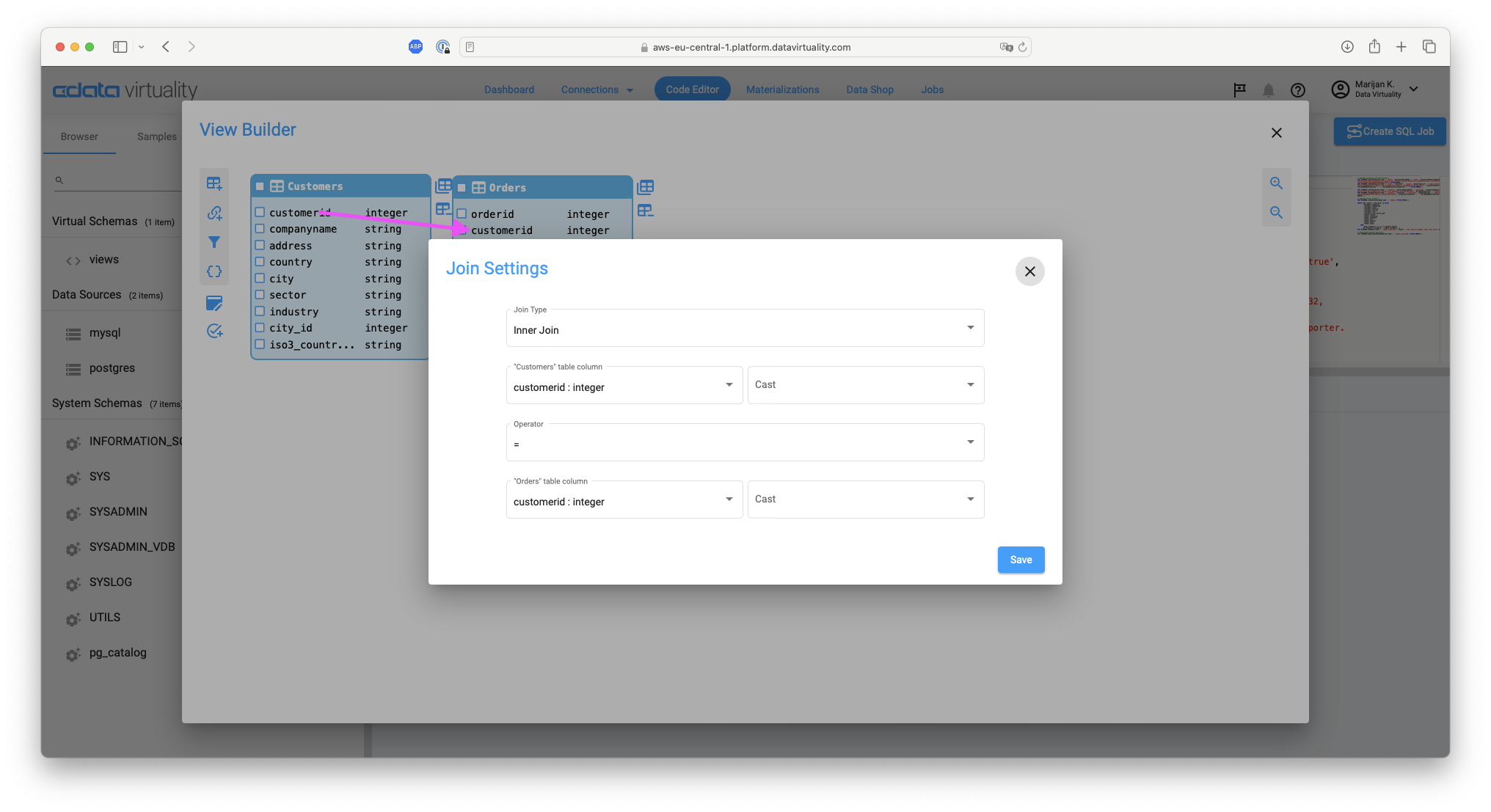 att_2_for_568787028.pngScreenshot showing join settings with an inner join configured between Customers and Orders using the customerid column