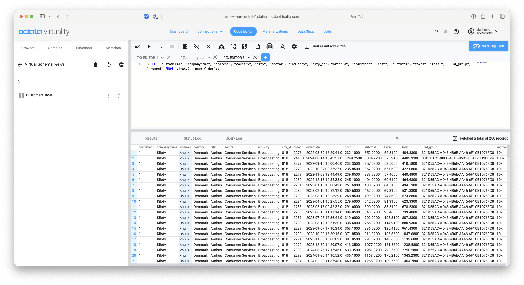 Screenshot showing a SELECT query executed on the CustomersOrder view with query results displayed in a table below the editor and multiple rows returned
