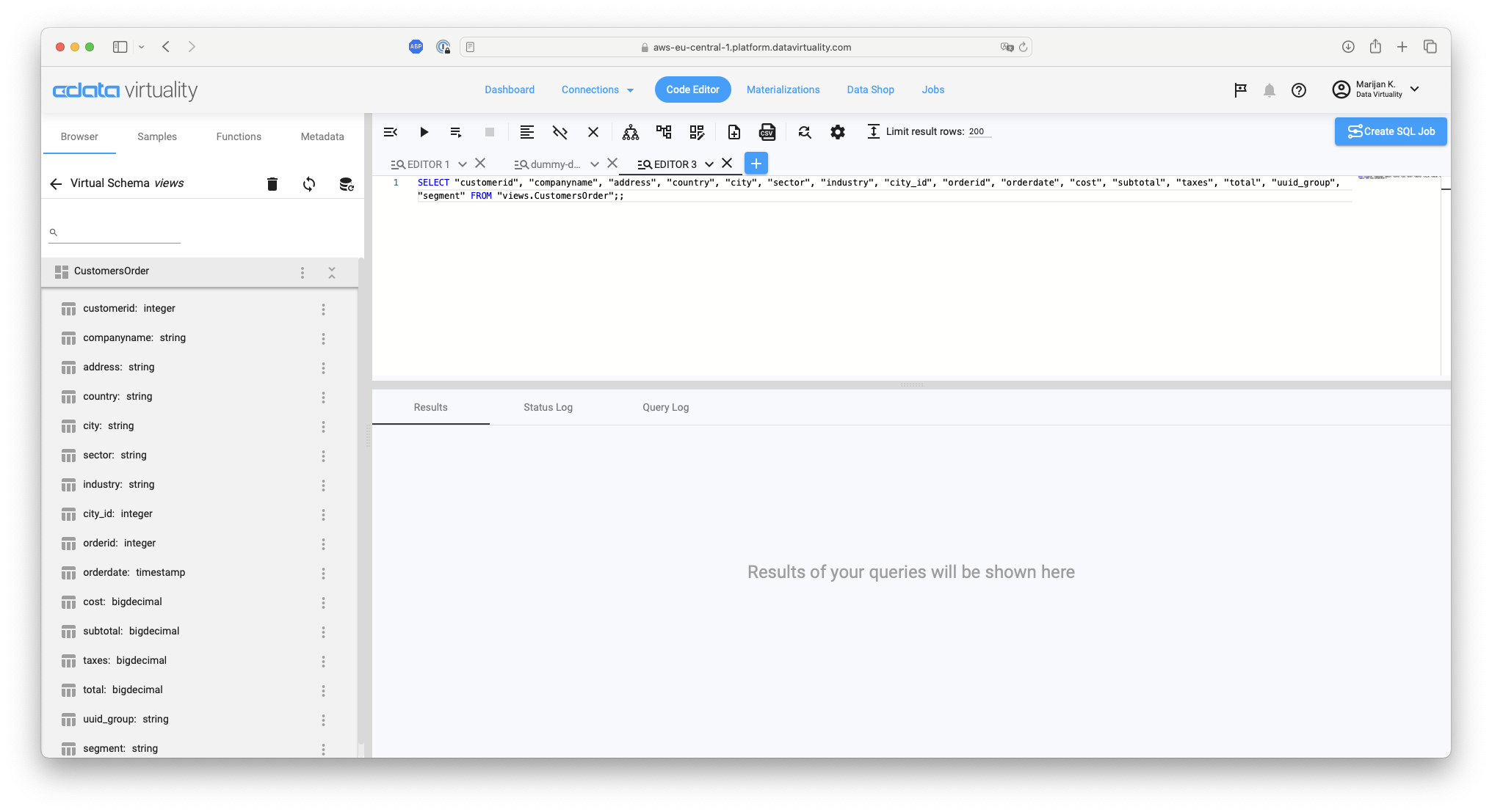 Screenshot showing a query editor running a SELECT query on the CustomersOrder view with the view columns listed in the browser panel and an empty results area below