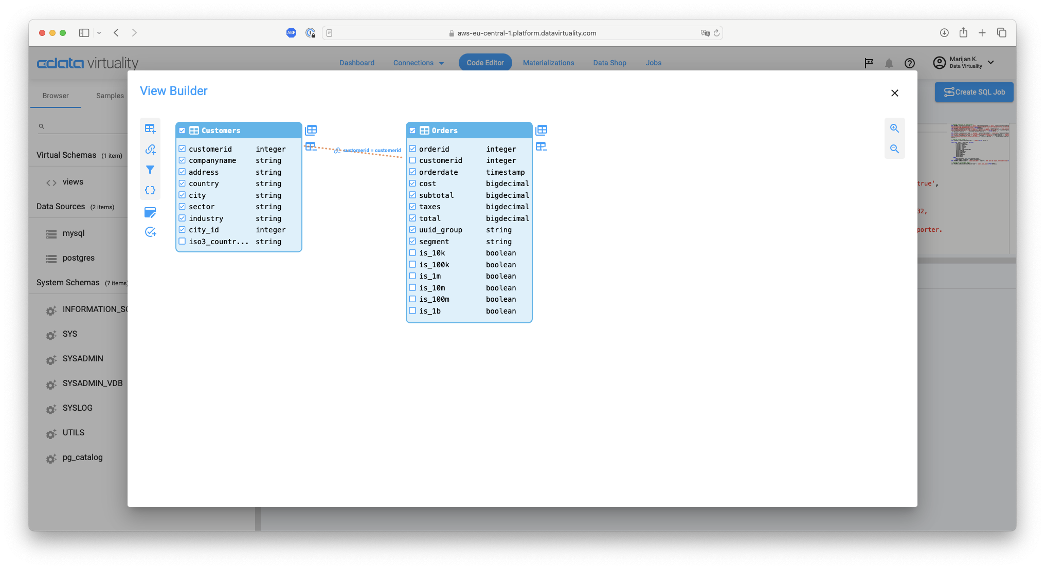 att_7_for_568787028.pngScreenshot showing a view builder canvas with Customers and Orders tables connected by a join on the customerid column