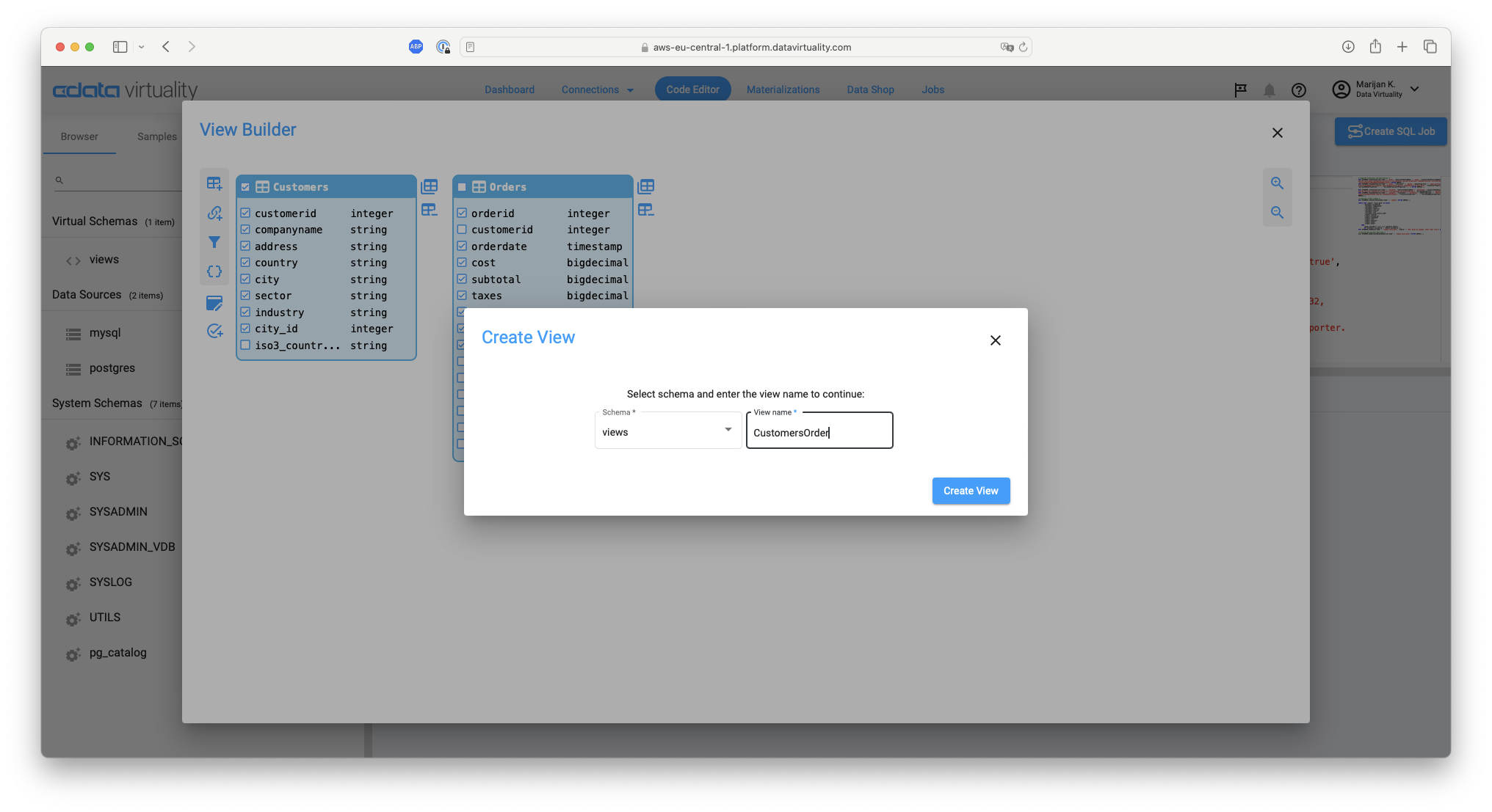 Screenshot showing the Create View dialog with schema selection and a view name entered for a joined Customers and Orders view