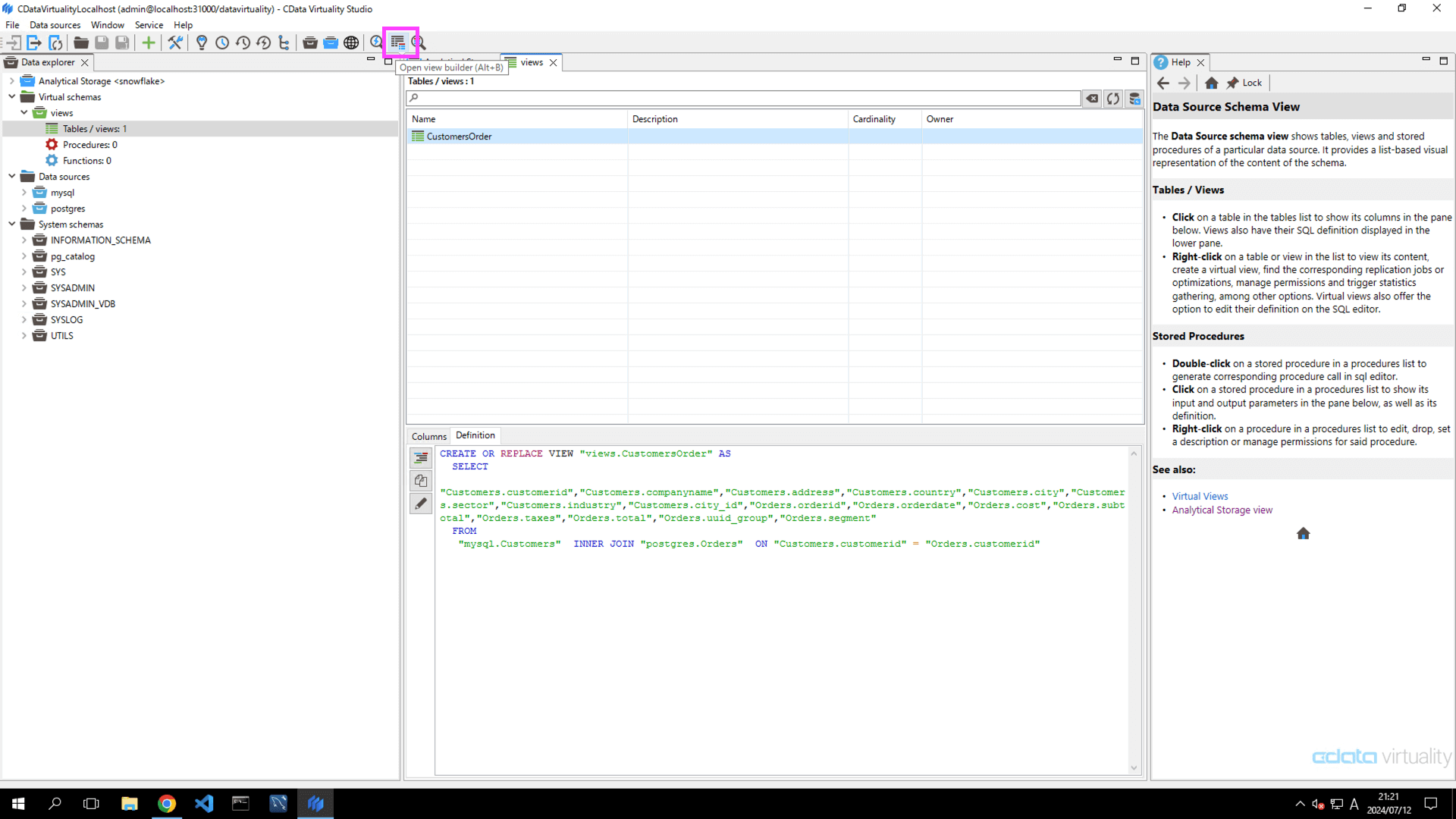 This screenshot shows the CustomersOrder view selected in the Data Explorer, with its SQL definition displayed and the Open View Builder option highlighted for editing the view.