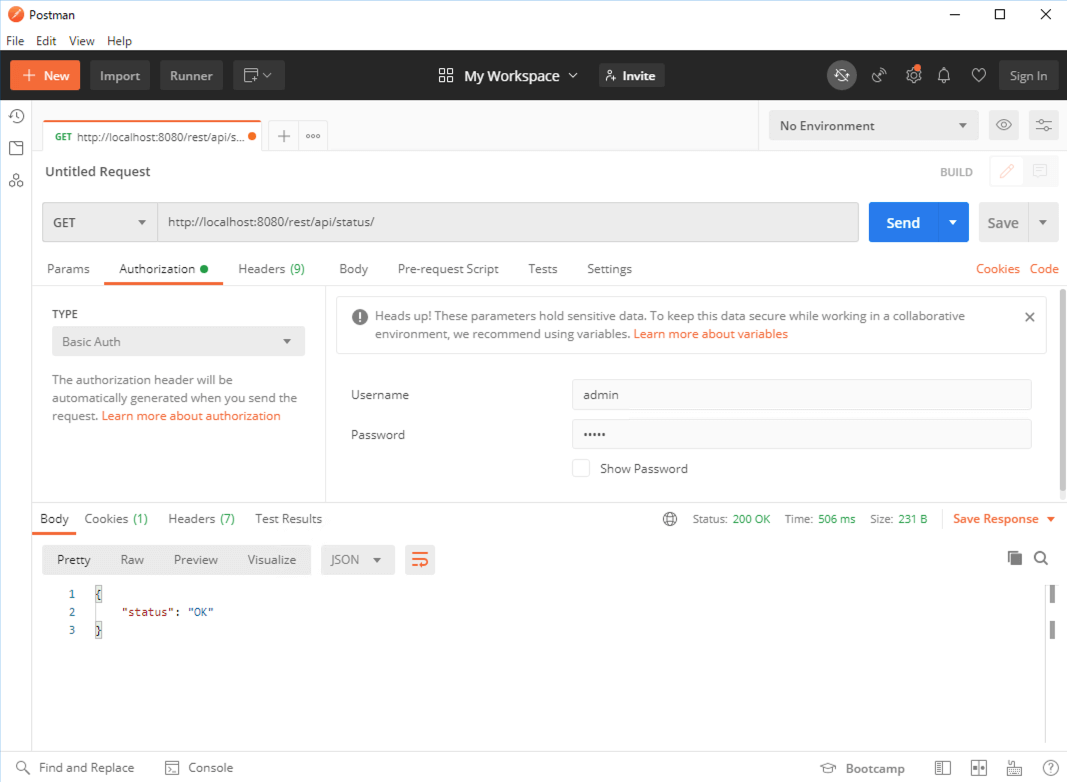 Postman interface showing a GET request to a CData Virtuality REST API endpoint with basic authentication and a successful JSON response status of 'OK'