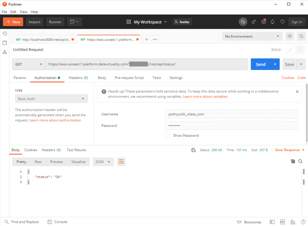 Postman showing a successful GET request to the CData Virtuality REST API status endpoint with Basic Auth enabled and an OK response.