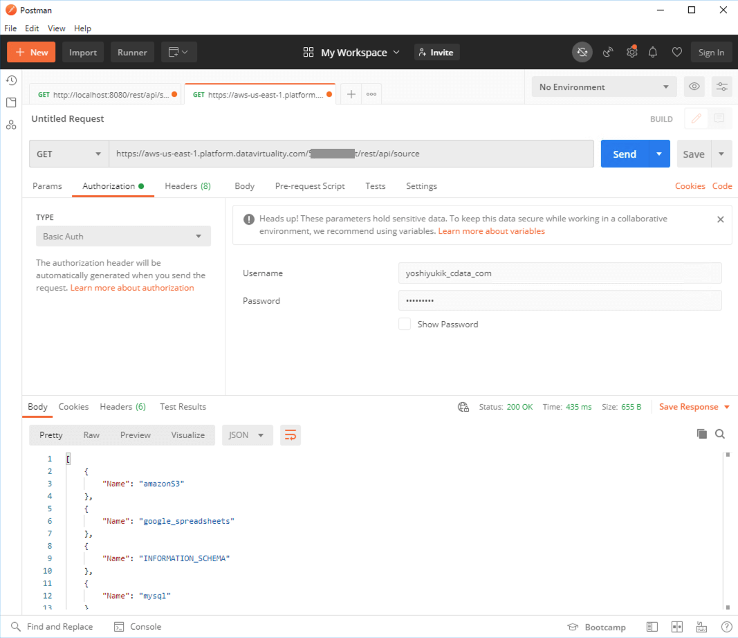 Postman displaying a GET request to the CData Virtuality REST API that returns a list of available data sources in JSON format.
