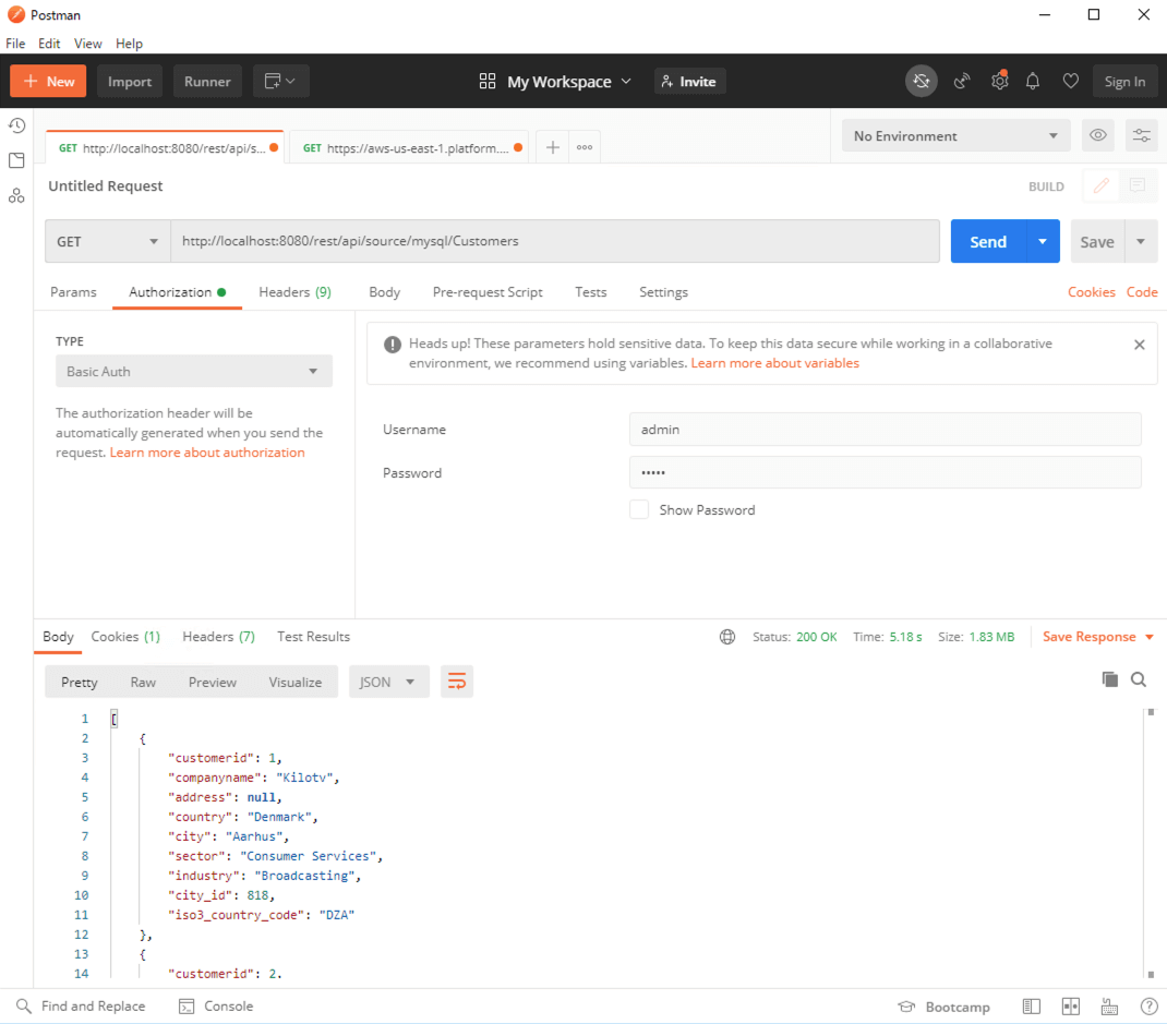 Postman interface showing a GET request to the CData Virtuality REST API endpoint named rest api source mysql Customers, using basic authentication and returning a JSON response with customer records and fields such as 'customerid', 'companyname', 'country', and 'city'
