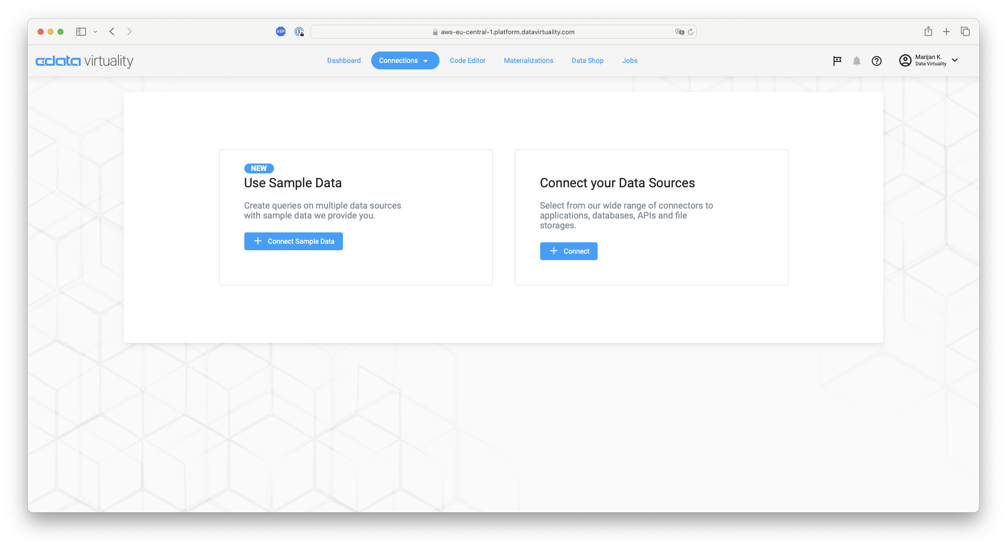CData Virtuality Web UI Connections page showing Use Sample Data and Connect your Data Sources panels