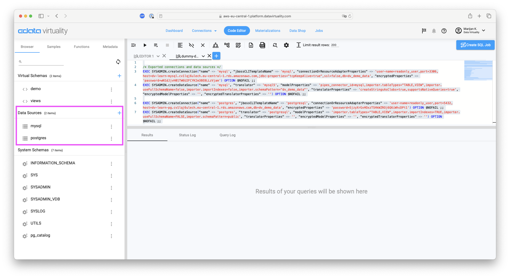 CData Virtuality Web UI Code Editor showing mysql and postgres data sources listed in the Data Sources panel