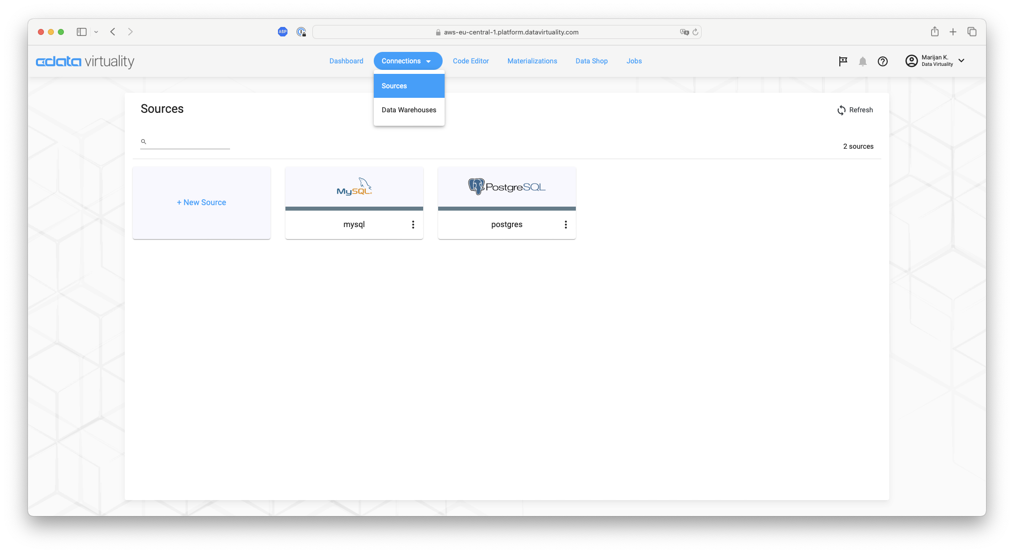 CData Virtuality Web UI Sources page showing mysql and postgres sample data sources