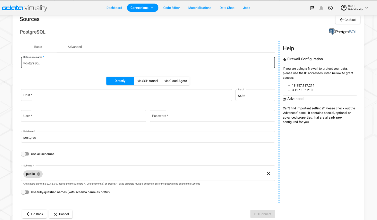 Shows the basic configuration settings for connecting a PostgreSQL data source, including connection method, host, credentials, database, and schema selection, with optional advanced parameters available.