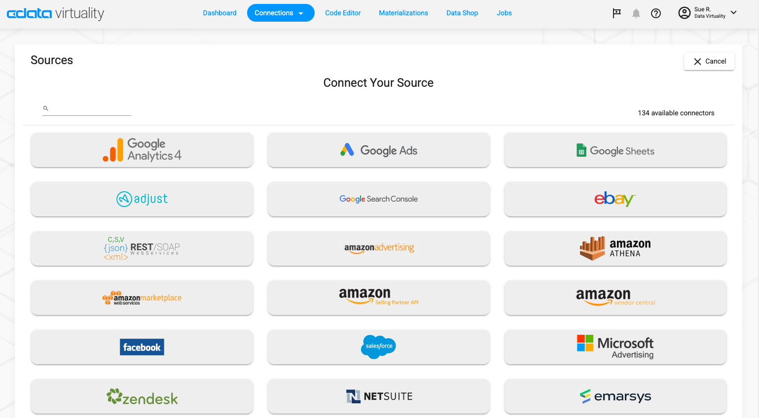 Displays the available connectors that can be used to create a new data source connection, allowing users to browse or search across supported applications, databases, APIs, and file-based services.