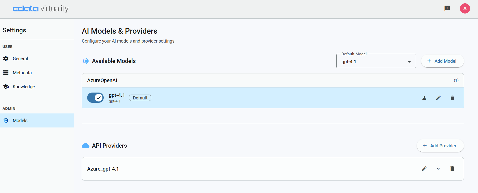 Settings page showing AI Models and Providers configuration, with gpt-4.1 selected as the default model under Azure OpenAI and an associated API provider listed below.