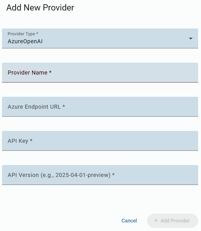 Add New Provider form for Azure OpenAI, showing required fields for provider name, Azure endpoint URL, API key, and API version.