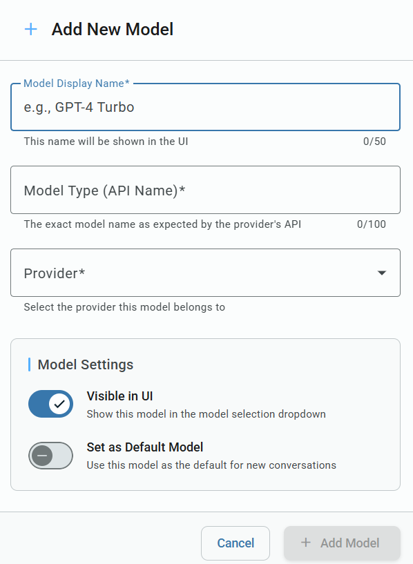 Add New Model form showing fields for model display name, API model name, provider selection, and model visibility and default settings.