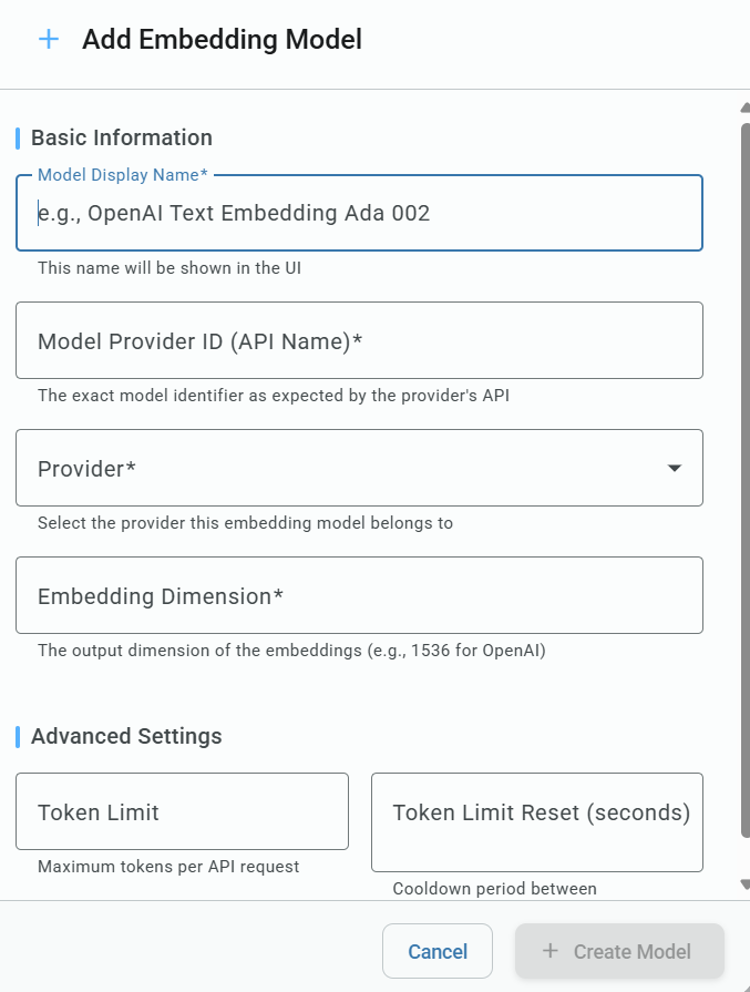 Add Embedding Model form showing fields for display name, provider API identifier, provider selection, embedding dimension, and advanced token limit settings.